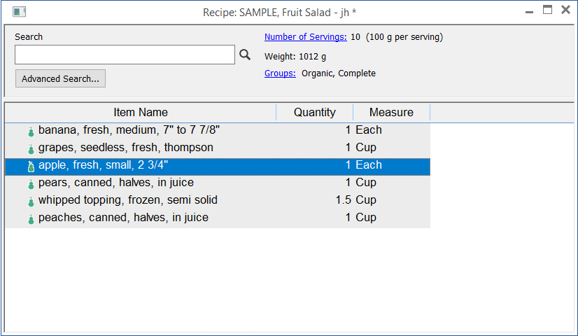 A screenshot of Genesis R&D Foods showing how to create a recipe using ingredients.