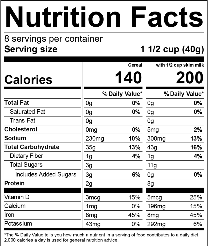 Example 2: Cereal label showing two columns, one for the cereal, the other for cereal with 1/2 cup of skim milk.