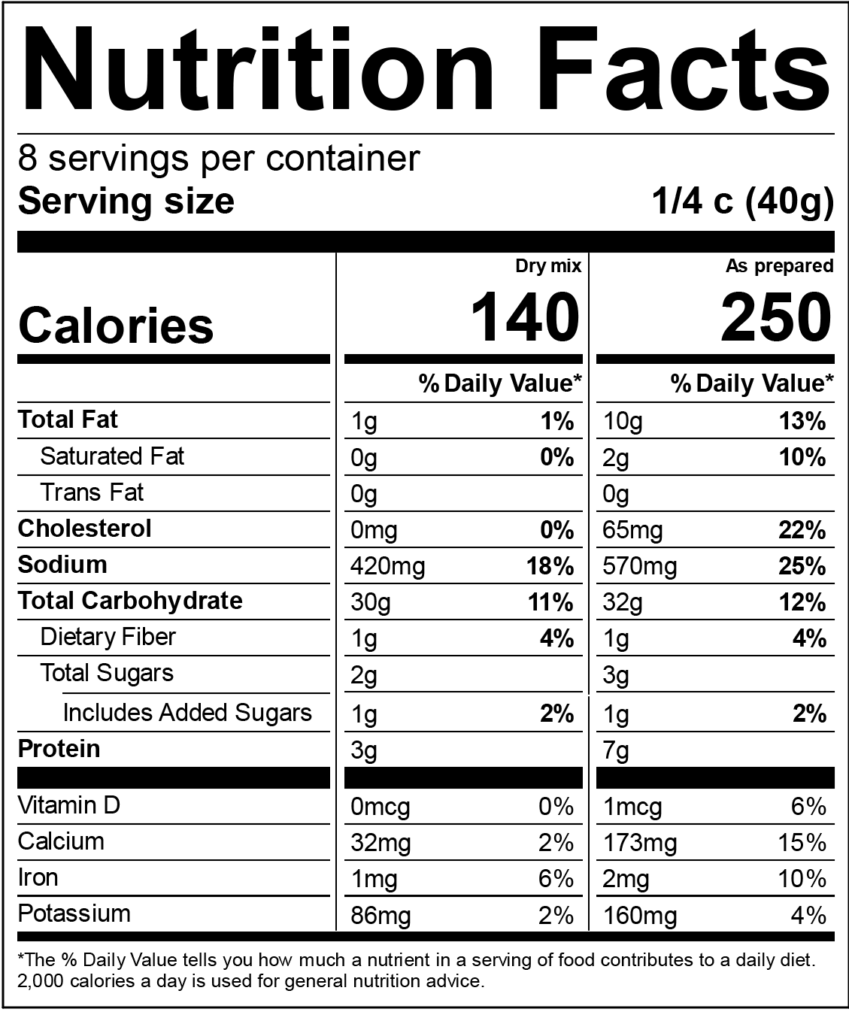 Example 1: Nutrition Facts dual column panel for pancakes.