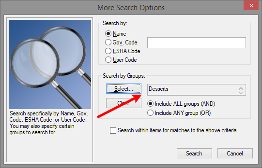 Arrow pointing at the "Desserts" group when searching in Genesis R&D.