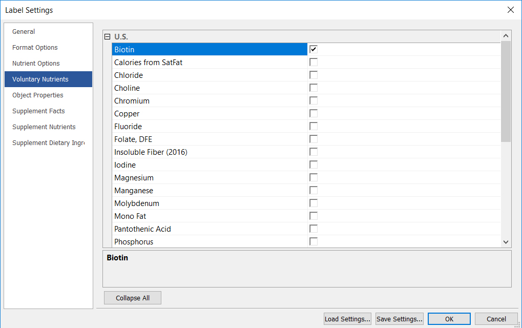 Choose voluntary nutrients to display on Nutrition Facts Labels from this screen in the Genesis R&D software.