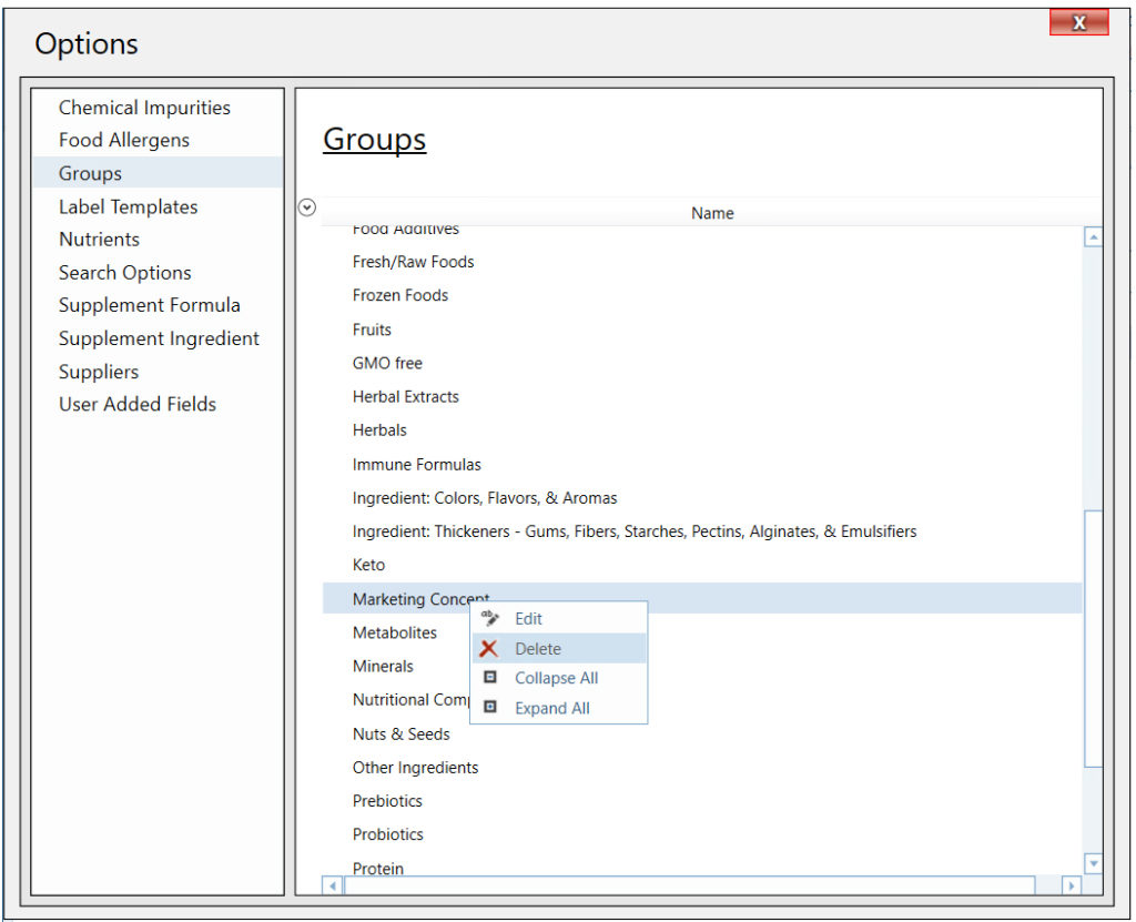 A screenshot showing how to delete a group after a right click in Genesis R&D Supplements.