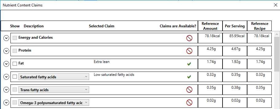 A screenshot of the Nutrient Content Claims for Health Canada module in Genesis R&D Foods.